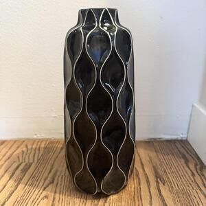 Black Ceramic Decorative Vase with Wavy Silver Accents